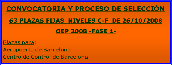 Cuadro de texto: CONVOCATORIA Y PROCESO DE SELECCIN63 PLAZAS FIJAS  NIVELES C-F  DE 26/10/2008OEP 2008 -FASE 1-Plazas para:Aeropuerto de BarcelonaCentro de Control de Barcelona