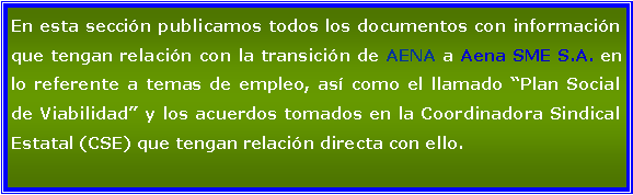 Cuadro de texto: En esta seccin publicamos todos los documentos con informacin que tengan relacin con la transicin de AENA a Aena SME S.A. en lo referente a temas de empleo, as como el llamado Plan Social de Viabilidad y los acuerdos tomados en la Coordinadora Sindical Estatal (CSE) que tengan relacin directa con ello.