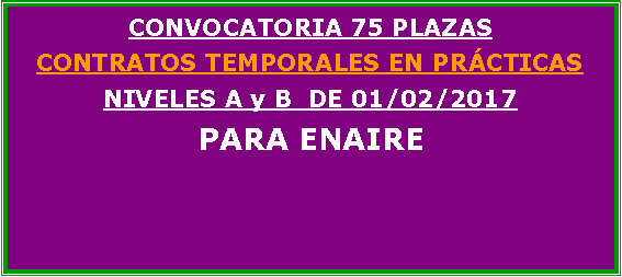 Cuadro de texto: CONVOCATORIA 75 PLAZAS CONTRATOS TEMPORALES EN PRCTICAS NIVELES A y B  DE 01/02/2017PARA ENAIRE