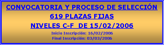 Cuadro de texto: CONVOCATORIA Y PROCESO DE SELECCIN 619 PLAZAS FIJAS NIVELES C-F  DE 15/02/2006Inicio Inscripcin: 16/02/2006Final Inscripcin: 03/03/2006